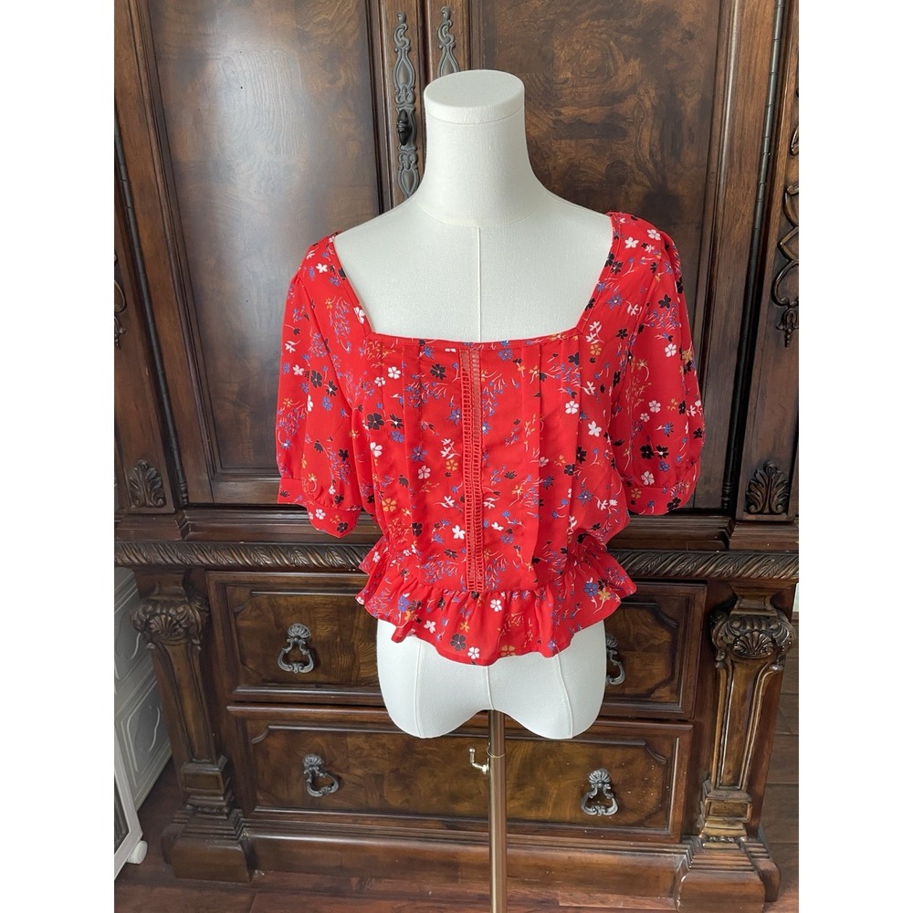 Sienna Sky Red Ditsy Floral Peplum Blouse Puff Sleeve Square Neck Cottagecore M